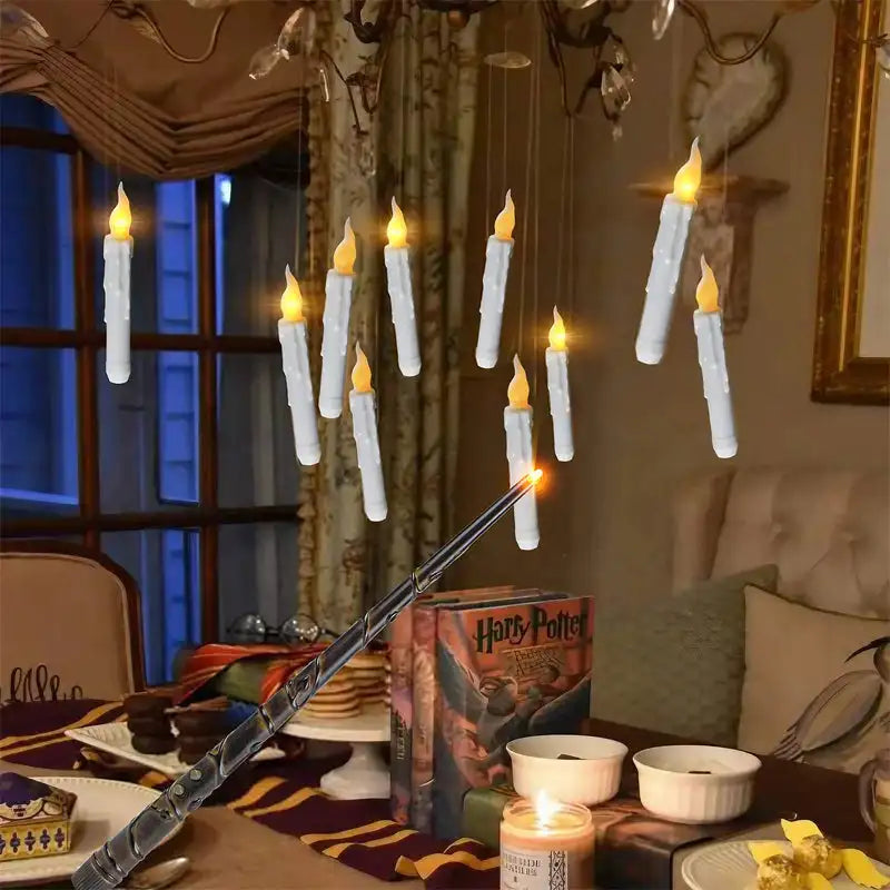 12/20Pcs Harry Burning Candles Potter Magic Flameless Floating Candles with Wand Remote Operated LED Flickering Hanging Candle