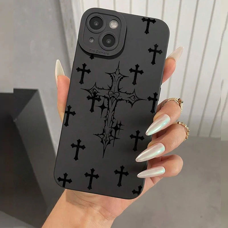 Phone Case For iPhone 16 15 14 11 12 13 Pro Max Mini 7 8 Plus X XR XS Max SE 2020 2022 Black Cross Print Shockproof Soft Cover