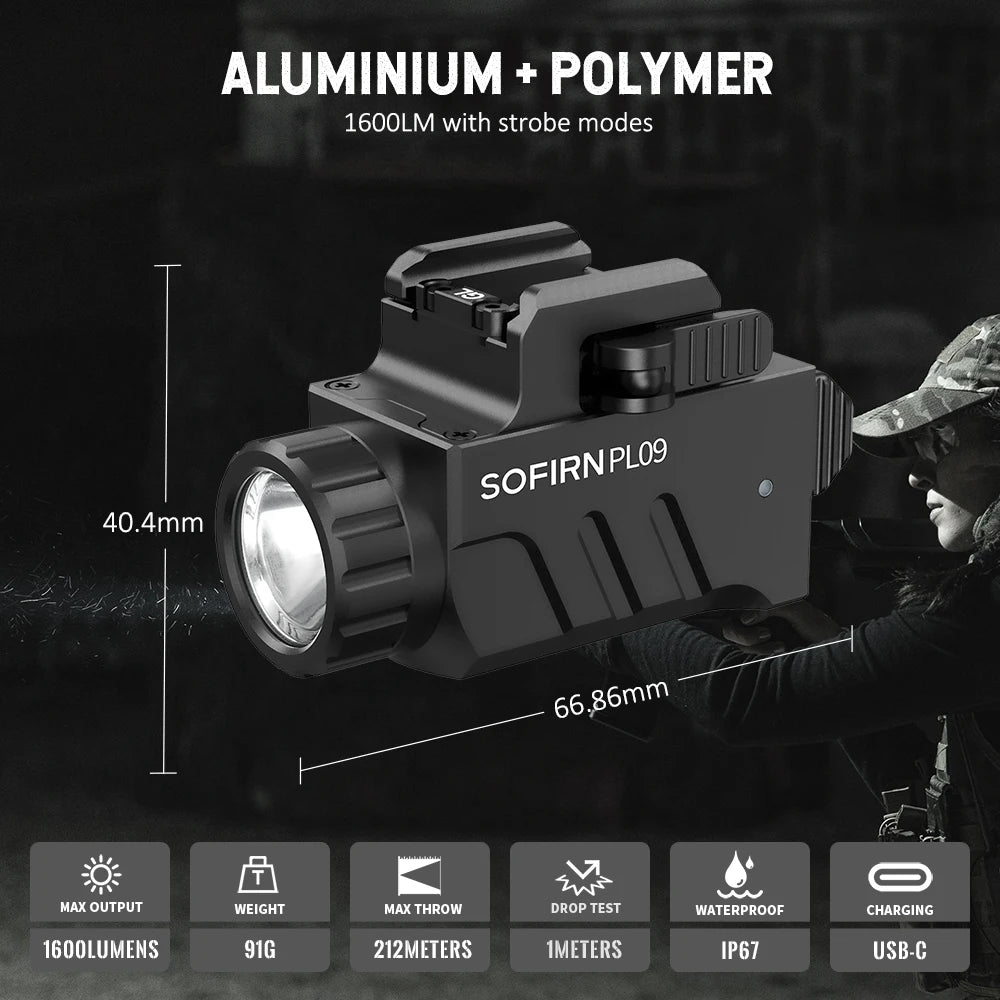 SOFIRN PL09 Flashlight 1600lm Rechargeable Light Quick Release Tactical Light with Double Switch for Picatinny Rail