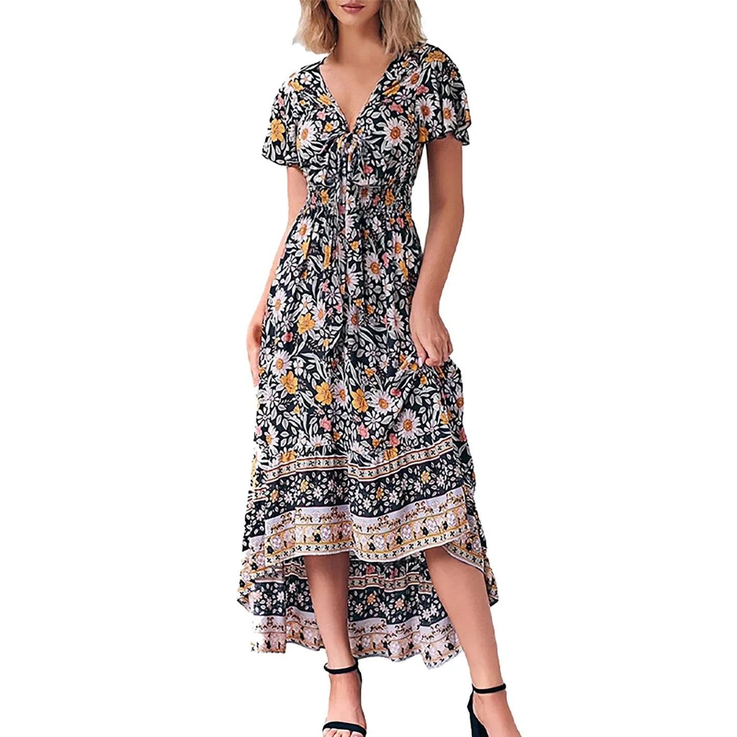 Boho Floral Print Long Dress Women Summer Beach Sundress Sexy Short Sleeve V Neck Ruffle Pleated Dress Bohemian Casual Dresses