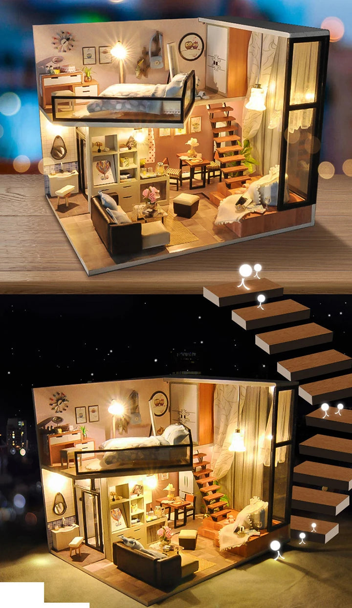 Assemble DIY Wooden House Dollhouse kit Wooden Miniature Doll Houses Miniature Dollhouse toys With Furniture LED Lights Gift