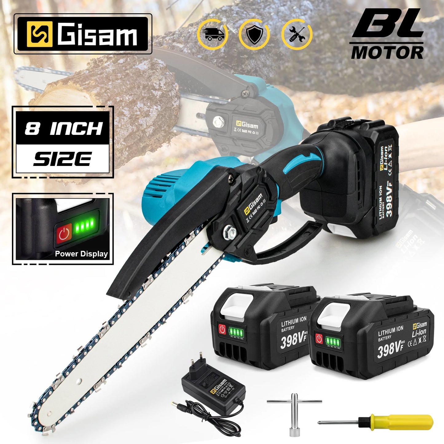 Gisam 8 Inch Brushless Electric Saw Cordless Chain Saw Handheld Garden Wood Logging Chainsaw Power Tools for Makita 18V Battery