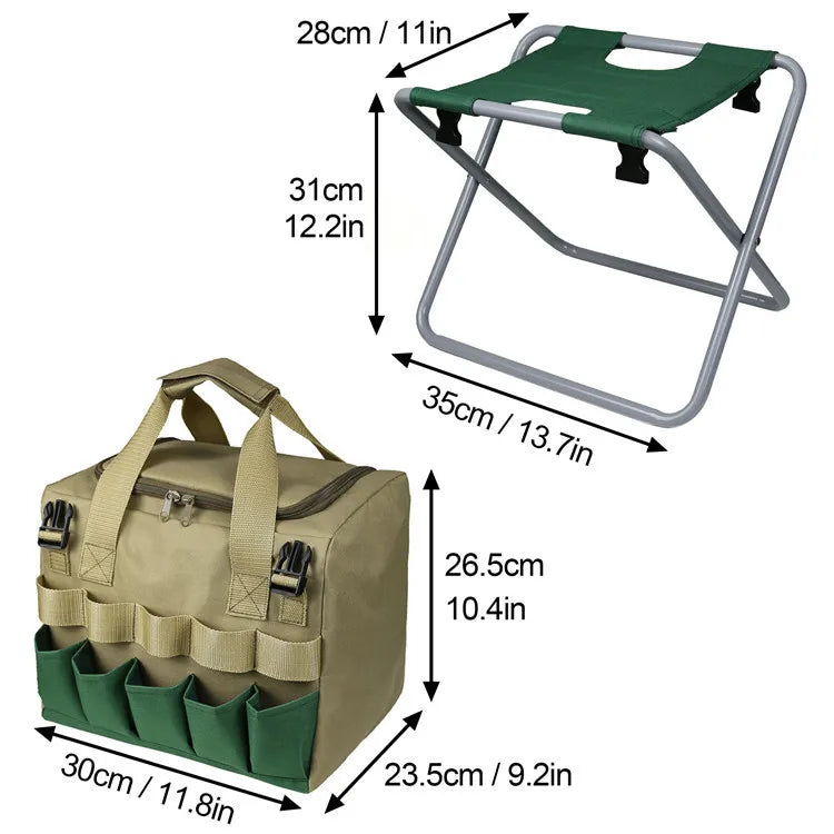 Multipurpose Garden Tools Set Chair Folding Stool with Tote Bag Garden Tools Kit Organizer with Pockets for Gardener Use