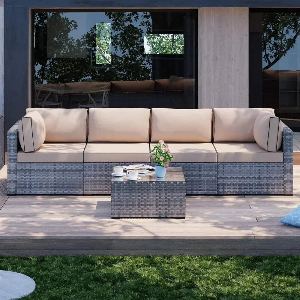 5 Pieces Outdoor Patio Sectional Sofa Couch, PE Wicker Furniture Conversation Sets with Washable Cushions & Glass Coffee Table