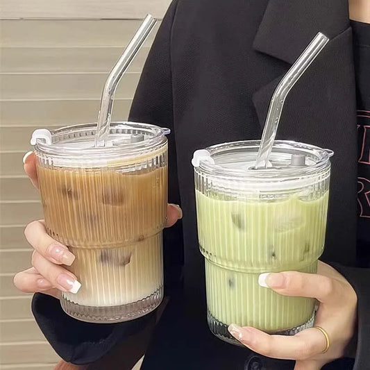 450ML Glass Cup with Lid and Straw Transparent Leakproof Coffee Mug High Temperature Resistant Tea Cup Water Bottle Drinkware