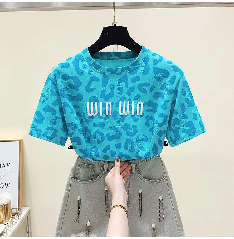 2024 new summer leopard print short sleeved t-shirt for women loose round neck fashionable and chic top trend