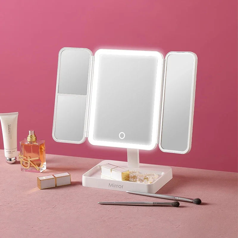 Tri-Fold LED Makeup Mirror 3 Tone Lights Portable Compact Desktop Vanity Mirror 2X/3X Magnifying Rotable Lighted Makeup Mirror