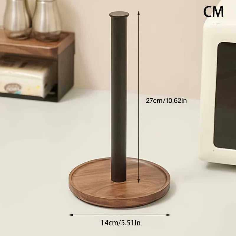 Modern Walnut Kitchen Roll Paper Holder Vertical Paper Towel Rack Shelf with Wooden Base Countertop Kitchen Metal Standing