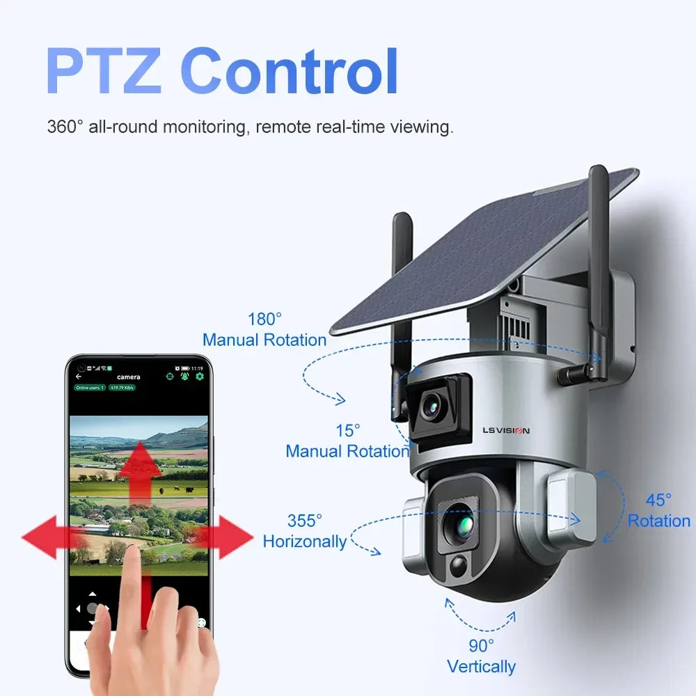 LS VISION 4K 8MP Dual Lens Solar Camera Outdoor 4G/WiFi Dual Screens 4X 10X Optical Zoom Humanoid Tracking PTZ Security Cameras