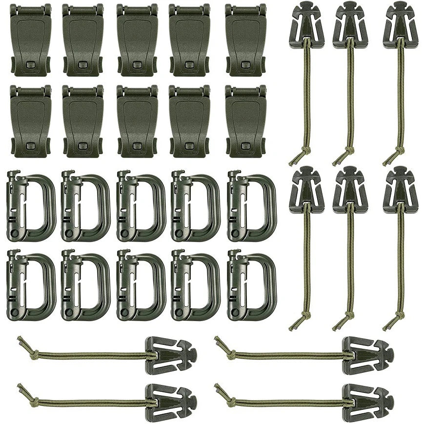 30Pcs Molle Attachments Kit Tactical D-Ring Grimloc Locking Gear Clip Web Dominator Elastic Strings Buckle for 1" Molle Webbing