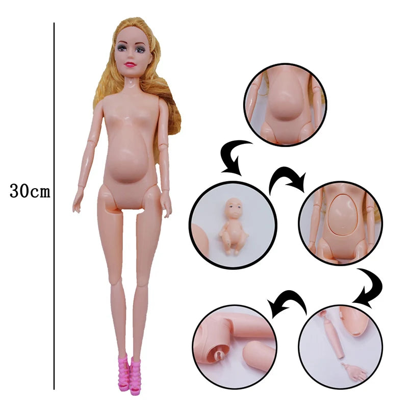 Educational Toy Pregnant Dolls for Children with Two Babies and Random Shoes Accessories Fashion Clothes Gift for Barbie Games