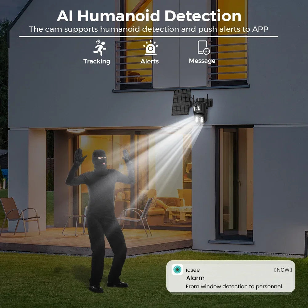 ICsee Solar Camera 8MP 4K Battery Dual Lens PIR Human Detection Wireless WiFi Outdoor Waterproof Security PTZ CCTV Surveillance