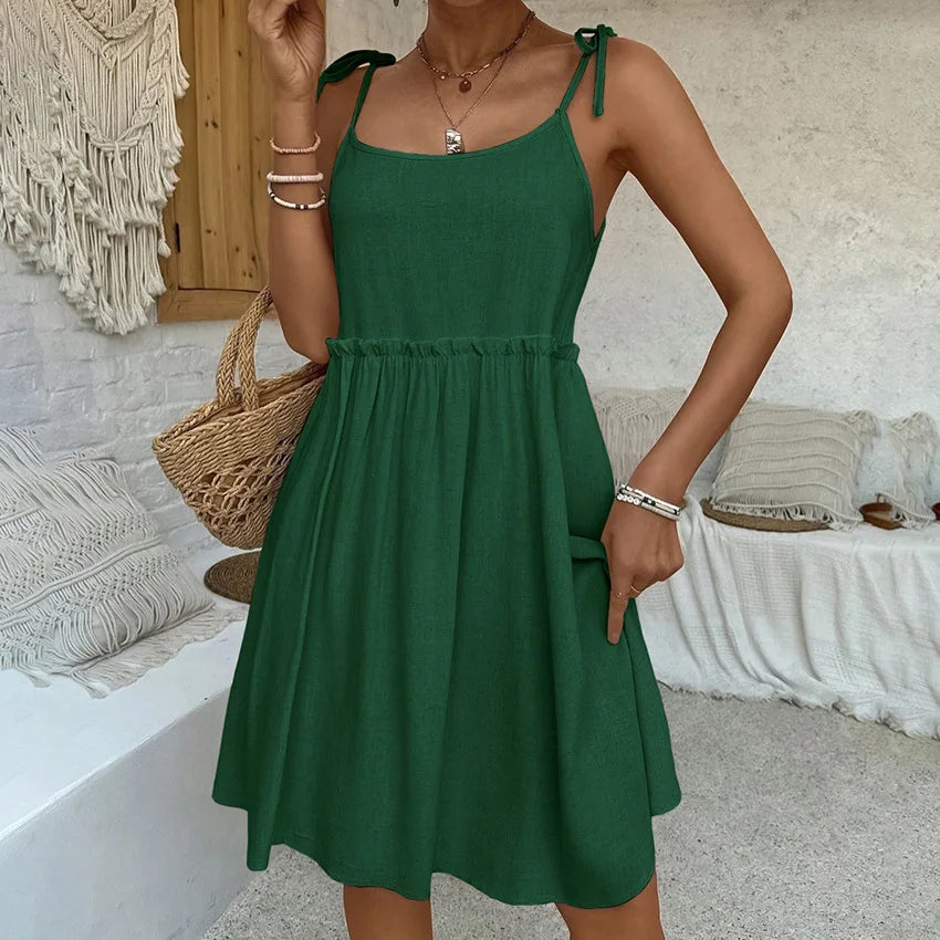 New In Cotton Linen Summer Dress Women 2024 Sexy Sleeveless Bandage Lace Up Chic Elegant Party Club Mini Dresses Beach Sundress