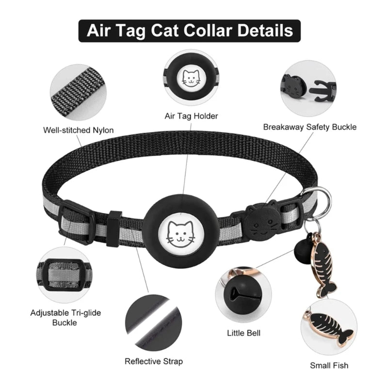 Reflective Cats Collar Waterproof Pet Collar with Tracker-Holder & Bell Breakaway Pet Collar Safety & Adjustable Collar