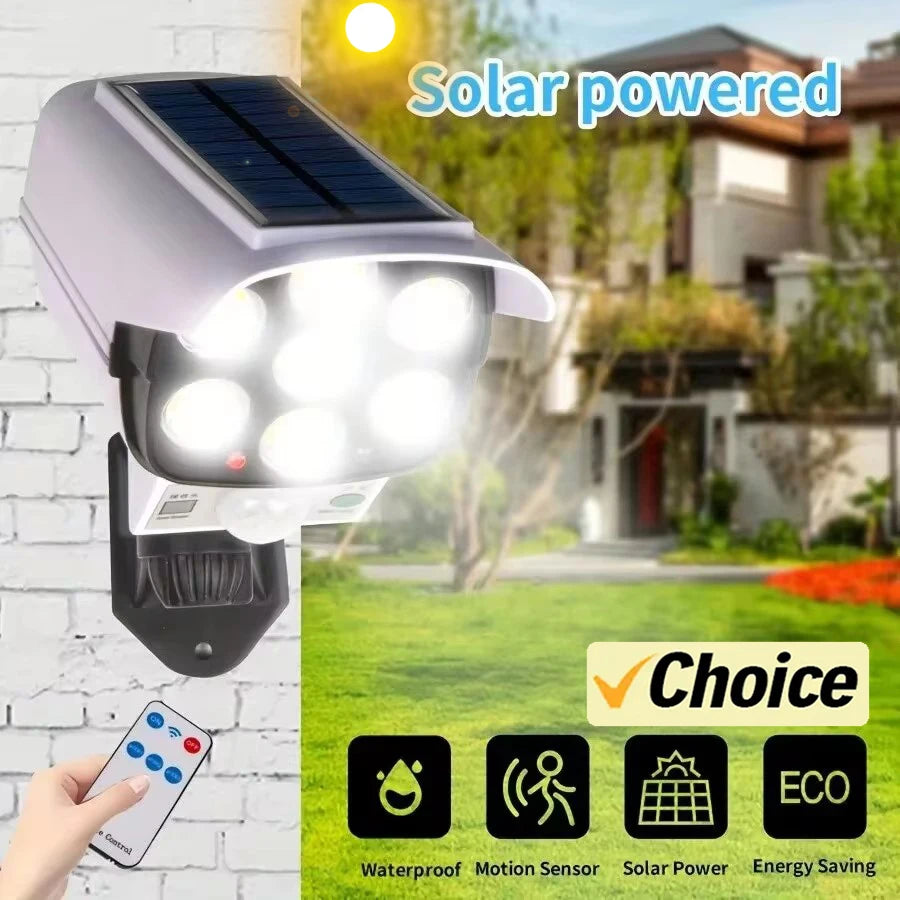 Outdoor Motion Sensor Solar Lights 77 LED FloodLight Waterproof Wireless Dummy Decoy Fake Security Camera for Porch Garden Patio