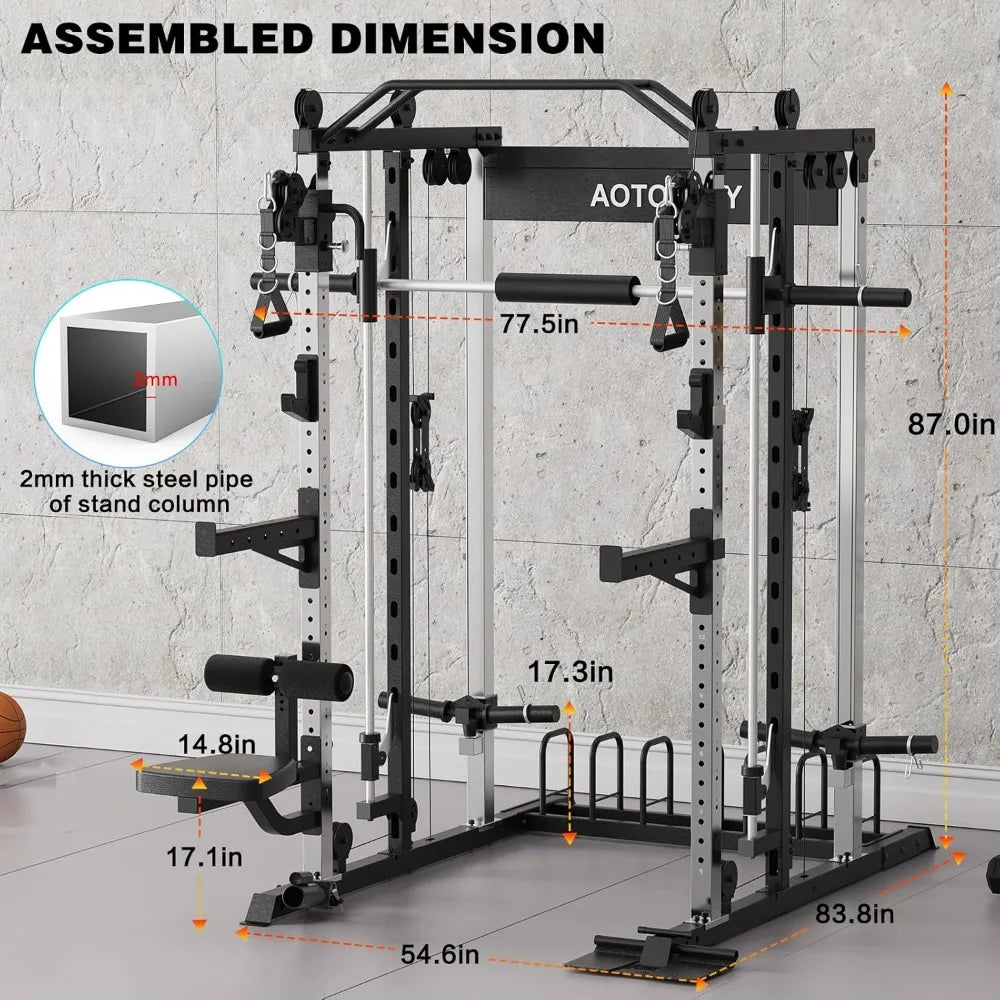 Smith Machine Strength Training Squat Rack with Smith Bar, Power Cage with LAT Pull-Down Systems