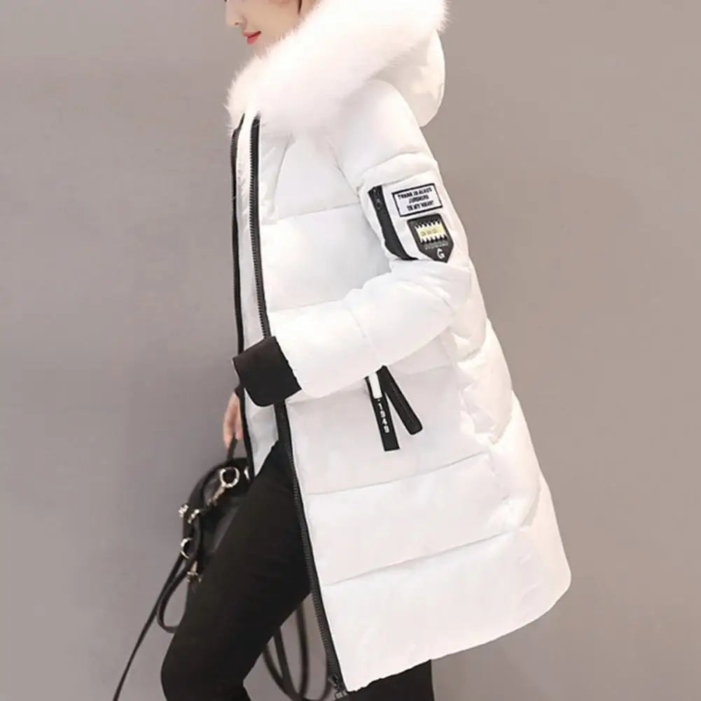 Women Winter Cotton Coat Hooded Mid Length Outerwear Windproof Warm Long Sleeve Jacket Solid Color Slim Fit Lady Down Coat