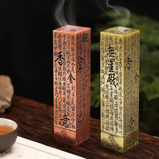 1pc Retro Incense Burner Vertical Zen Buddha Heart Sutra Pillar Vintage Metal Incense Holder Home Office Decoration