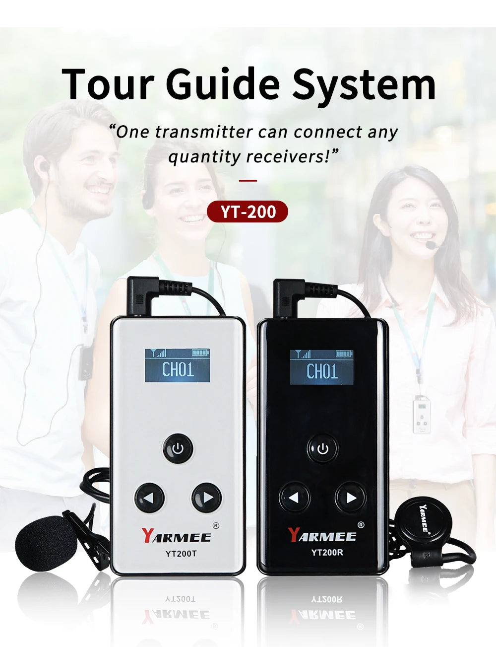 YARMEE Audio Guide Wireless Whisper Tour Guide System Voice Transmission 2 Transmitters +30 Receivers With Carrying Bag Earphone