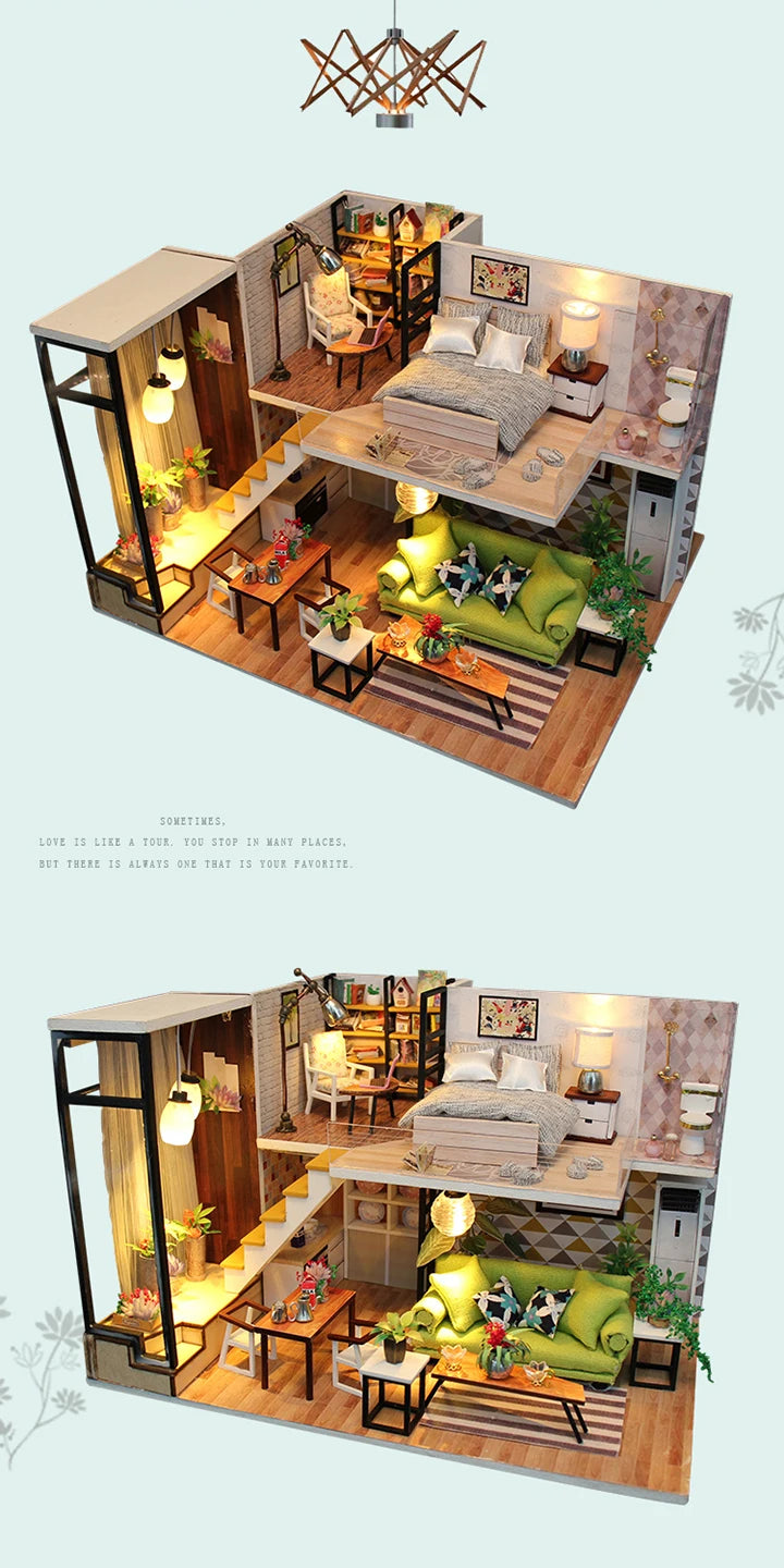 Assemble DIY Wooden House Dollhouse kit Wooden Miniature Doll Houses Miniature Dollhouse toys With Furniture LED Lights Gift