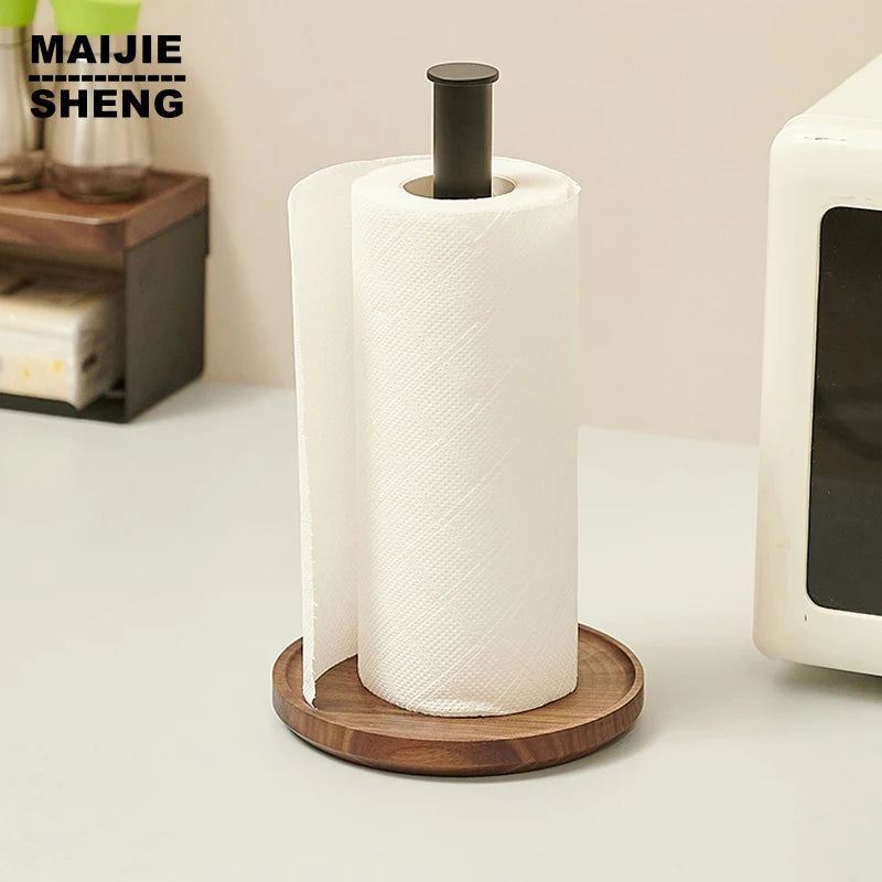 Modern Walnut Kitchen Roll Paper Holder Vertical Paper Towel Rack Shelf with Wooden Base Countertop Kitchen Metal Standing