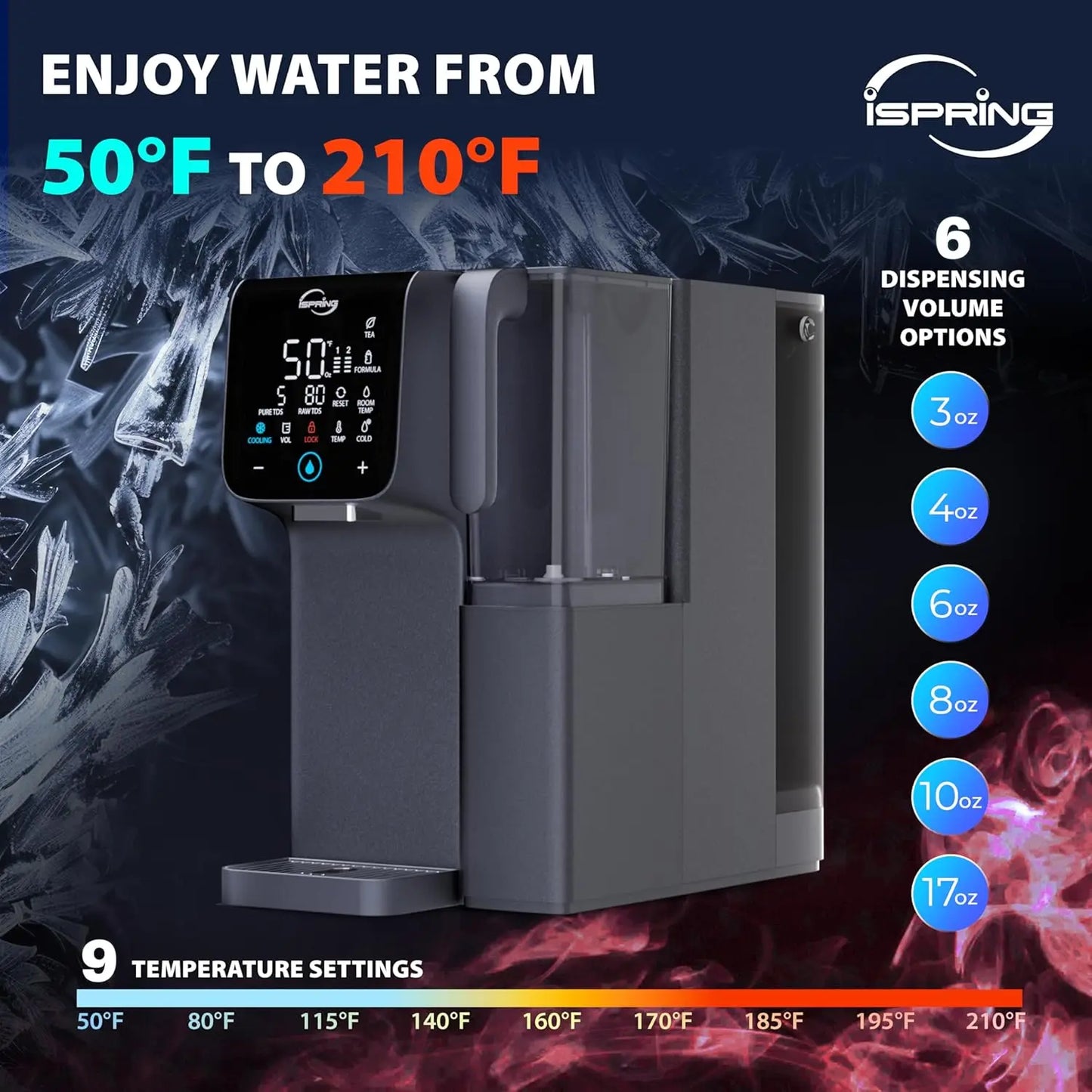 Hot & Cold Reverse Osmosis System Countertop Alkaline RO Water Filter Dispenser 9 Temperature & 6 Dispensing Volume Options