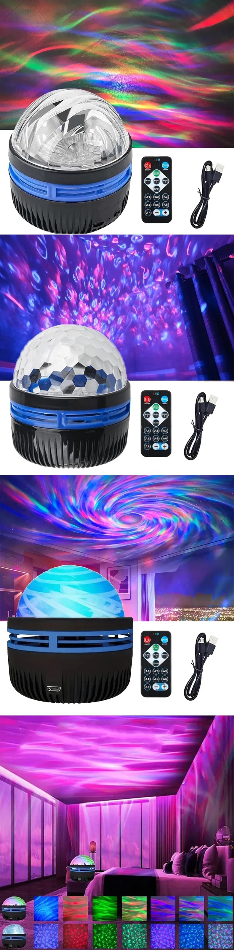 Star Projector Aurora LED USB Night Lights 360°Rotating Lighting Remote Control Ocean Wave Northern Light for Bedroom Party KTV