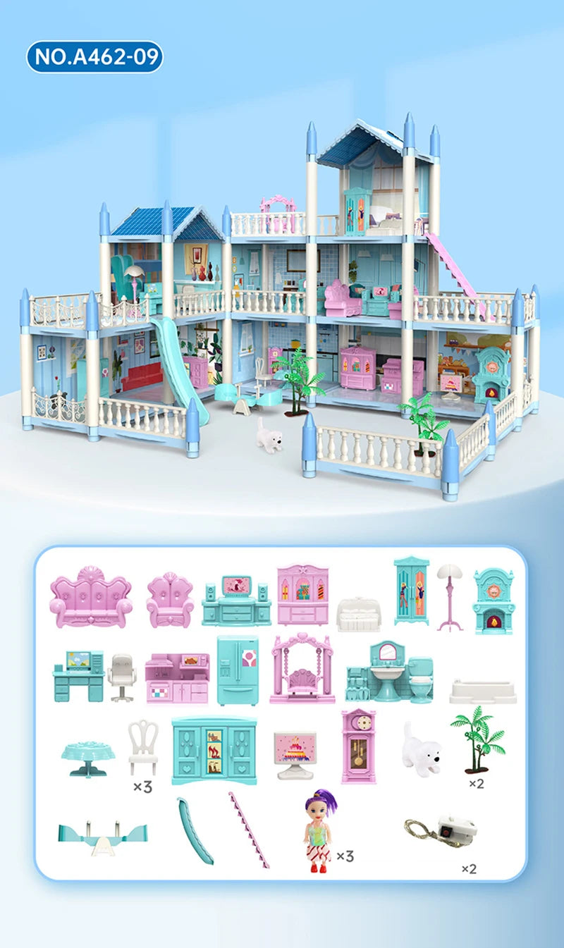 New Diy House Kit Big Dollhouse For Children Bb House Building Doll Furniture Miniature Doll Villas Girls Xmas Gifts Kids Toys