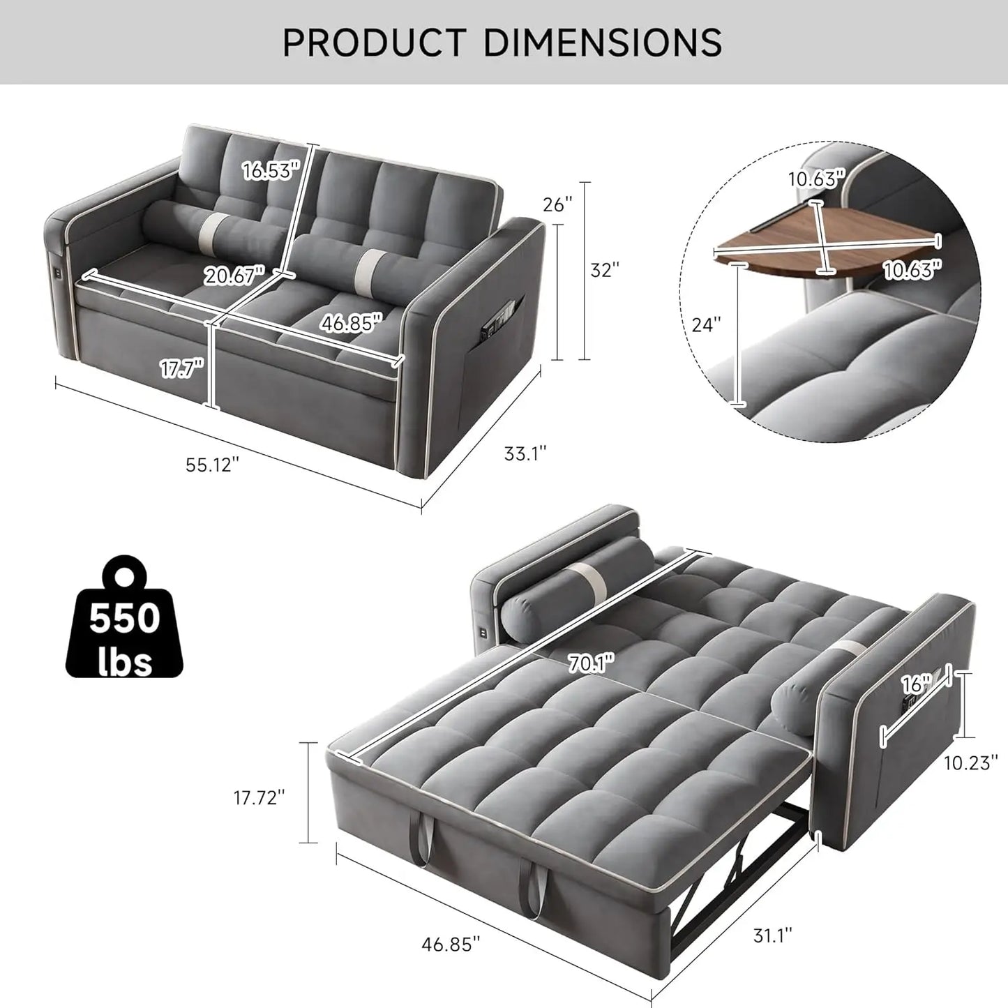 3 in 1 Sleeper Sofa Bed - Convertible Love Seat Couch with Side Table, Tufted Futon Sofa w/Pullout Bed, Adjustable Backrest