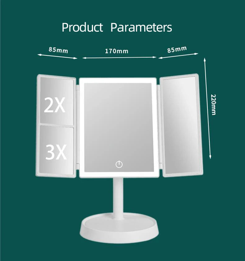 Foldable Makeup Mirror with LED Light 3 Tone Lights Desktop Vanity Mirror 2X/3X Magnifying 360° Adjustable Rechargeable