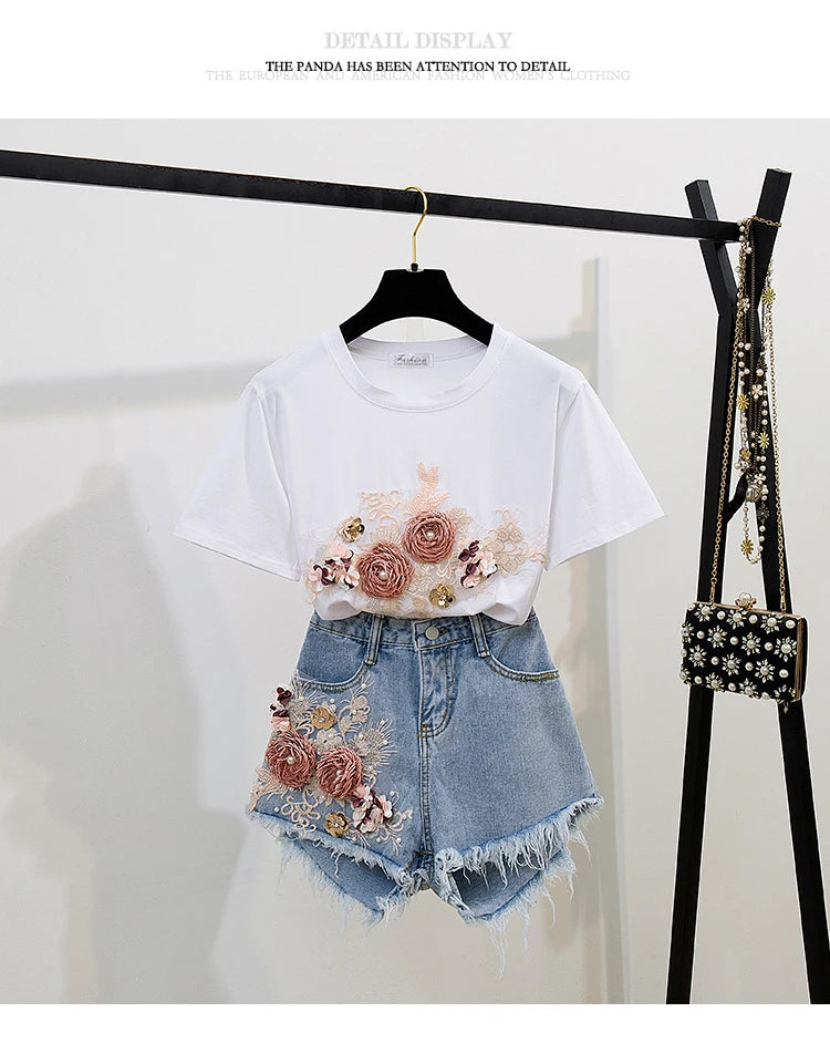 Fashion Cotton T-Shirt Tops + Short Jeans 2 Pieces Sets 2024 New Summer Women's Denim Pants Outfits 3D Flowers Beading Suits