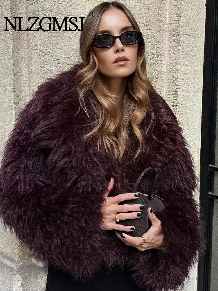 TRAF 2024 Winter Elegant Lapel Fur Coat Women Warm Fashion Loose Long Sleeve Short Jacket Female Street Thick Top