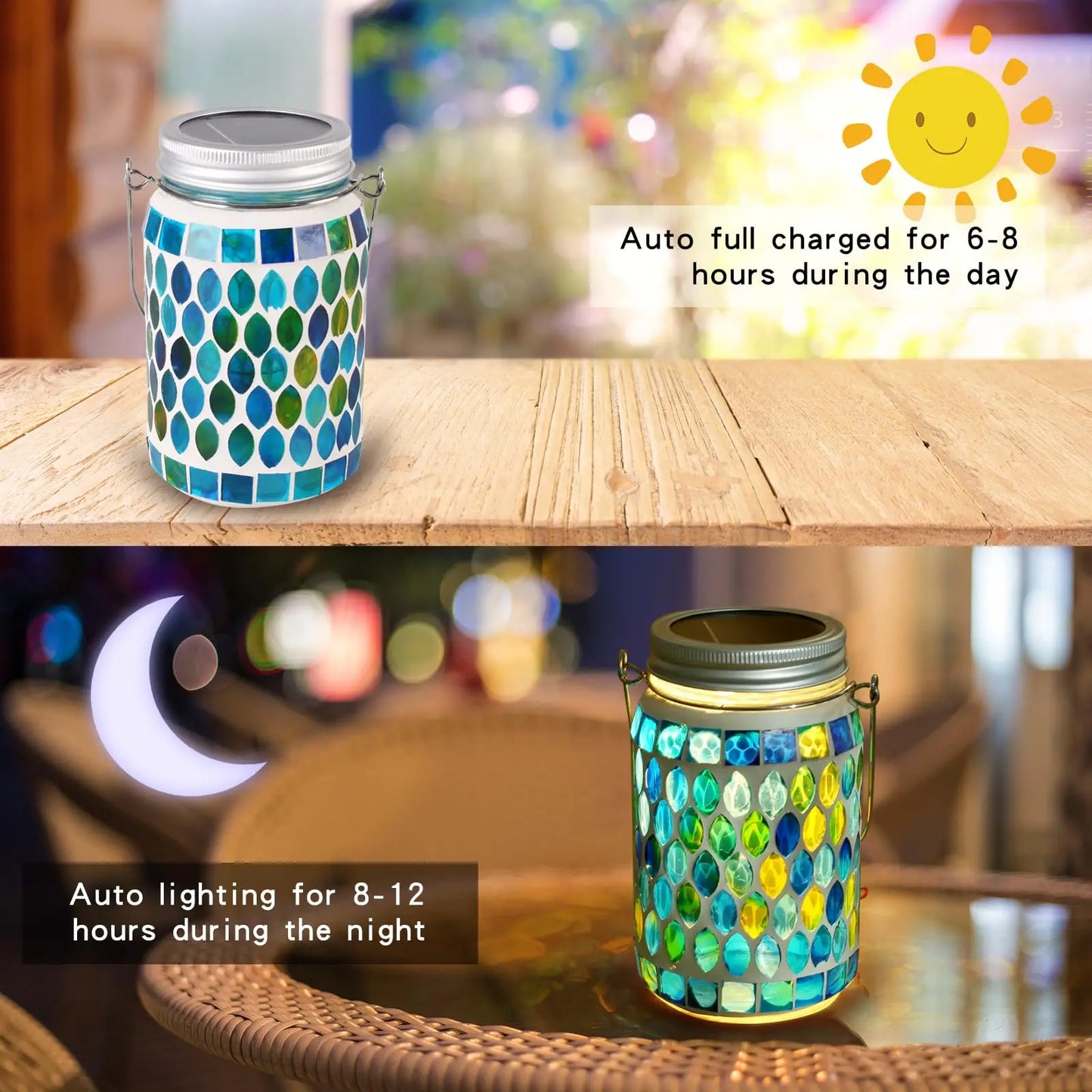 Solar Mosaic Lantern Hanging Mason Jar Glass Lights Outdoor Waterproof Table Lamp Decoration for Garden Patio Party Yard Balcony