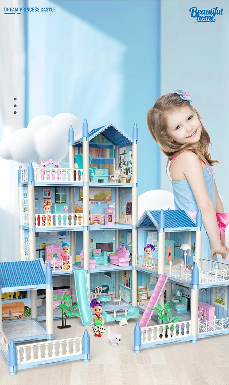 New Diy House Kit Big Dollhouse For Children Bb House Building Doll Furniture Miniature Doll Villas Girls Xmas Gifts Kids Toys