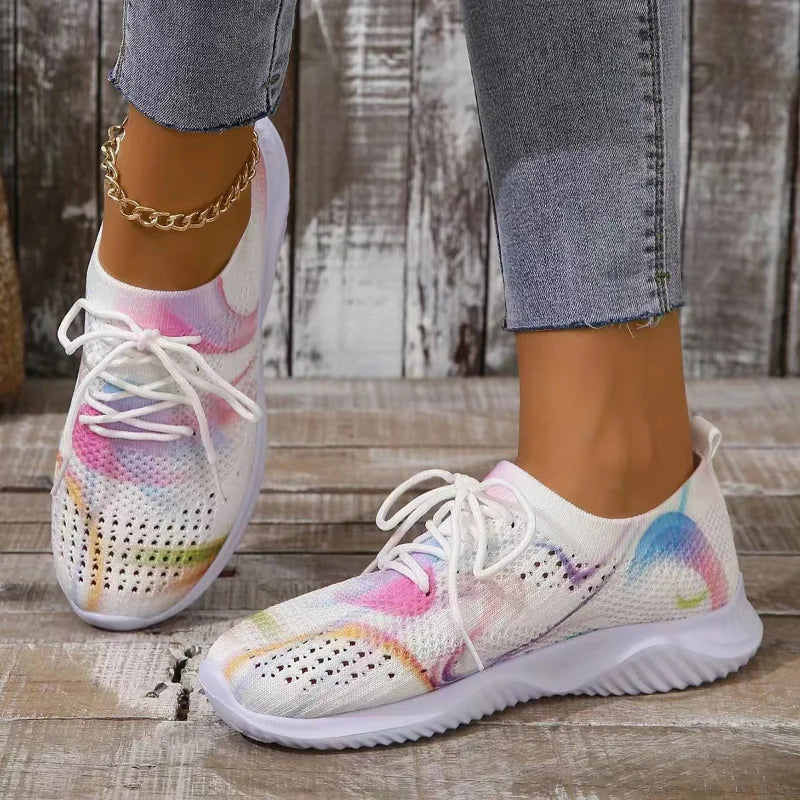 Women Mix Color Mesh Knitted Sneakers 2024 Autumn Lightweight Breathable Soft Sole Running Shoes Woman Slip on Flats Sock Shoes