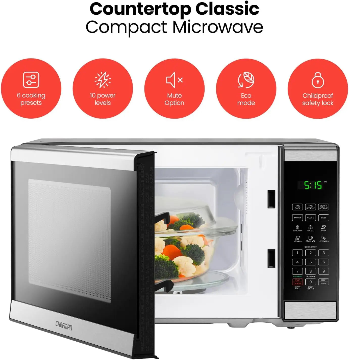 Countertop Microwave Oven 0.7 Cu. Ft. Digital Stainless Steel Microwave 700 Watts with 6 Auto Menus, 10 Power Levels, Eco Mode