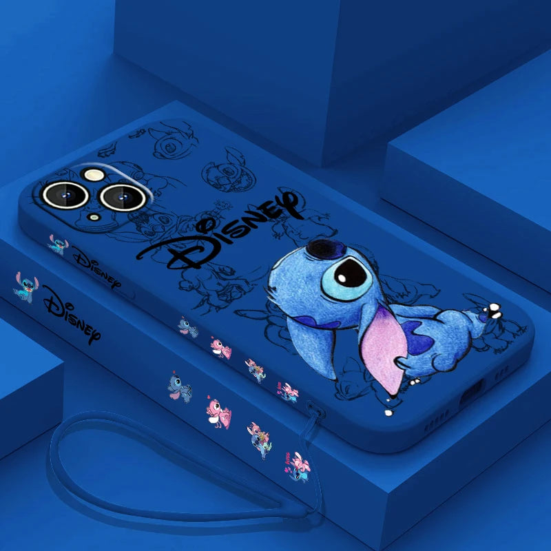 Disney Super Cute Stitch Phone Case For Apple iPhone 15 14 13 12 11 Pro Max Plus 8 7 SE Liquid Left Rope Soft Cover