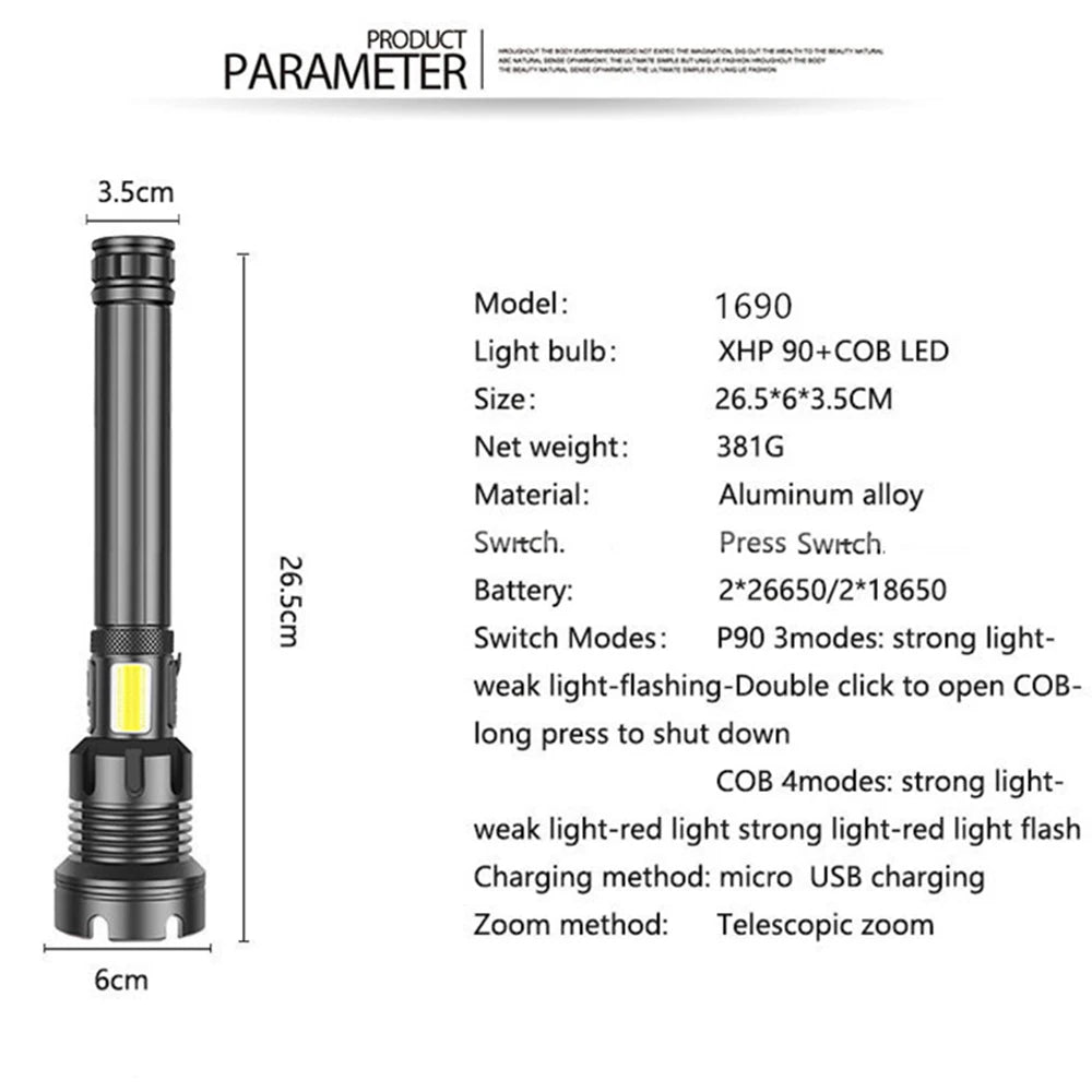 90000 Lumens LED Tactical Flashlight Rechargeable XHP90 USB Zoomable 7Modes Super Bright Floodlight Spotlight Torch Light