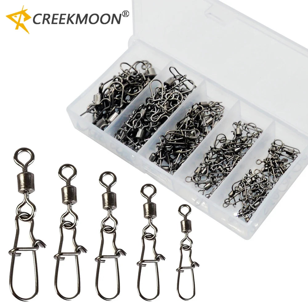 50 Pieces Set Fishing Connector Gear Kit 4-12# Stainless Steel Pin Bearing Rolling Swivel Snap For Lure Hook Tackle Accessories