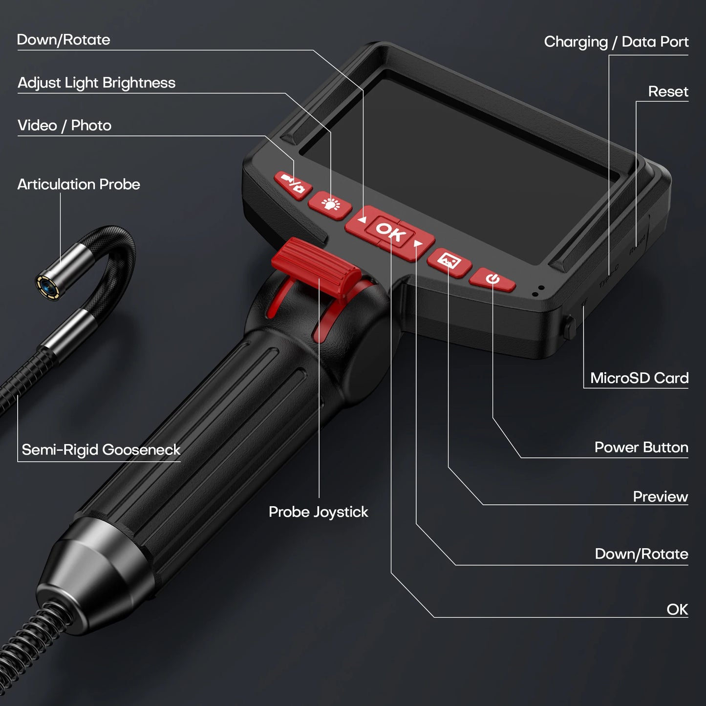 WDLUCKY 360 Articulating Borescope rotary Endoscope Camera 6mm 2MP Inspection Lens 4.3" IPS Pipe 8 LED Lights 1.7m Rigid Cable