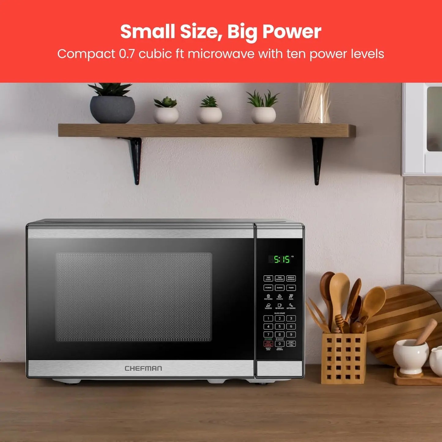 Countertop Microwave Oven 0.7 Cu. Ft. Digital Stainless Steel Microwave 700 Watts with 6 Auto Menus, 10 Power Levels, Eco Mode