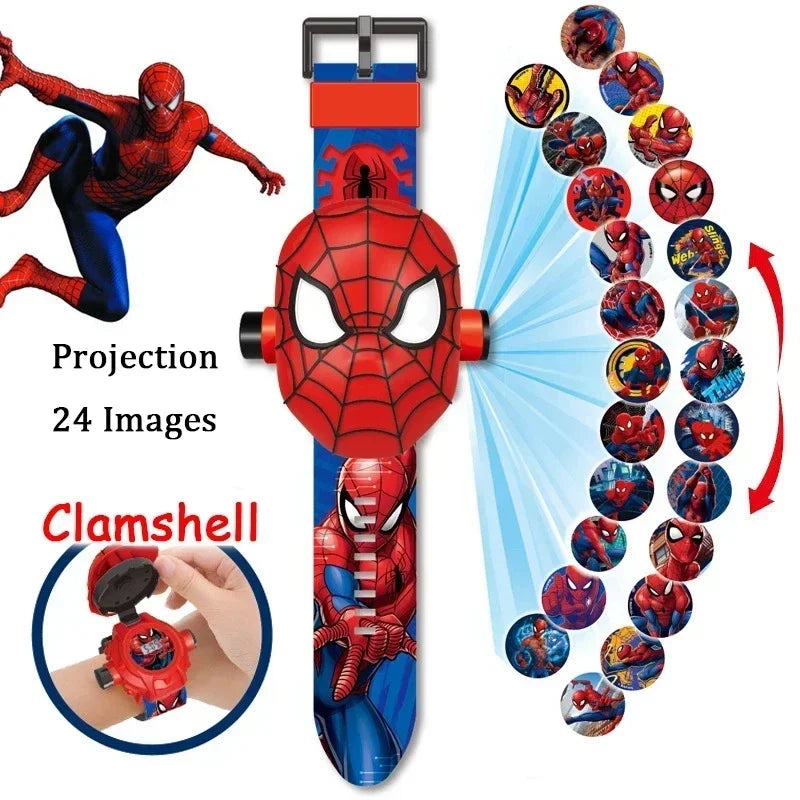 Dinosaur Toy Watch 3D Projection Pattern Action Figures Electronic Watch Children Flip Cover Cartoon Spiderman Glow Wrist Watch