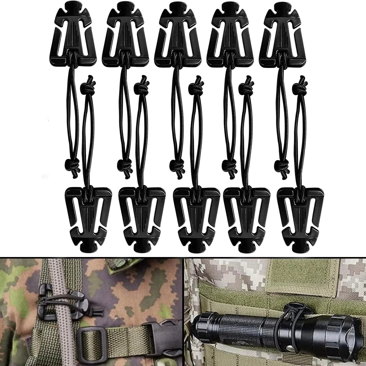 10pcs Molle Attachment Clips Molle Web Dominators Elastic Strap Tactical Gear for Outdoor Hydration Tube Backpack Management