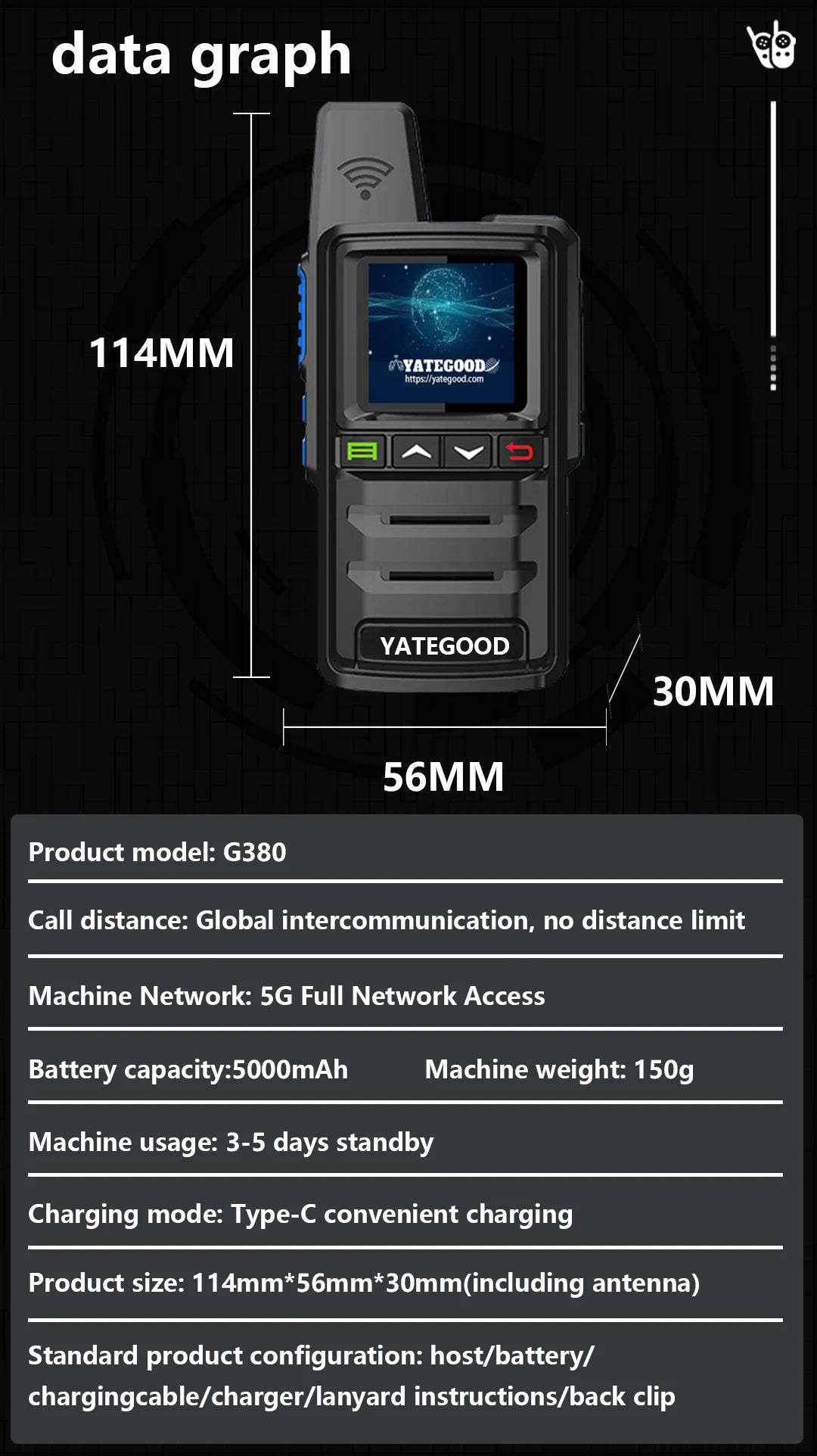 YATEGOOD G380 GPS 5000KM zello walkie talkie long range global ptt  4G poc radio100km