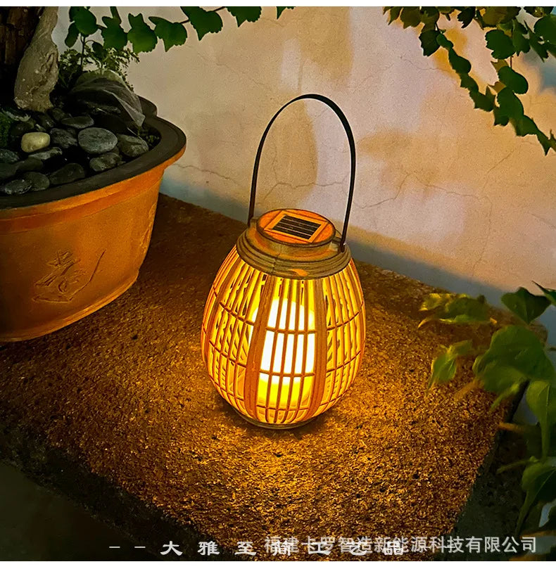 Outdoor Solar Imitation Rattan Lantern Courtyard Balcony Garden Decoration Candle Lights Creative Atmosphere Bamboo Chandelier