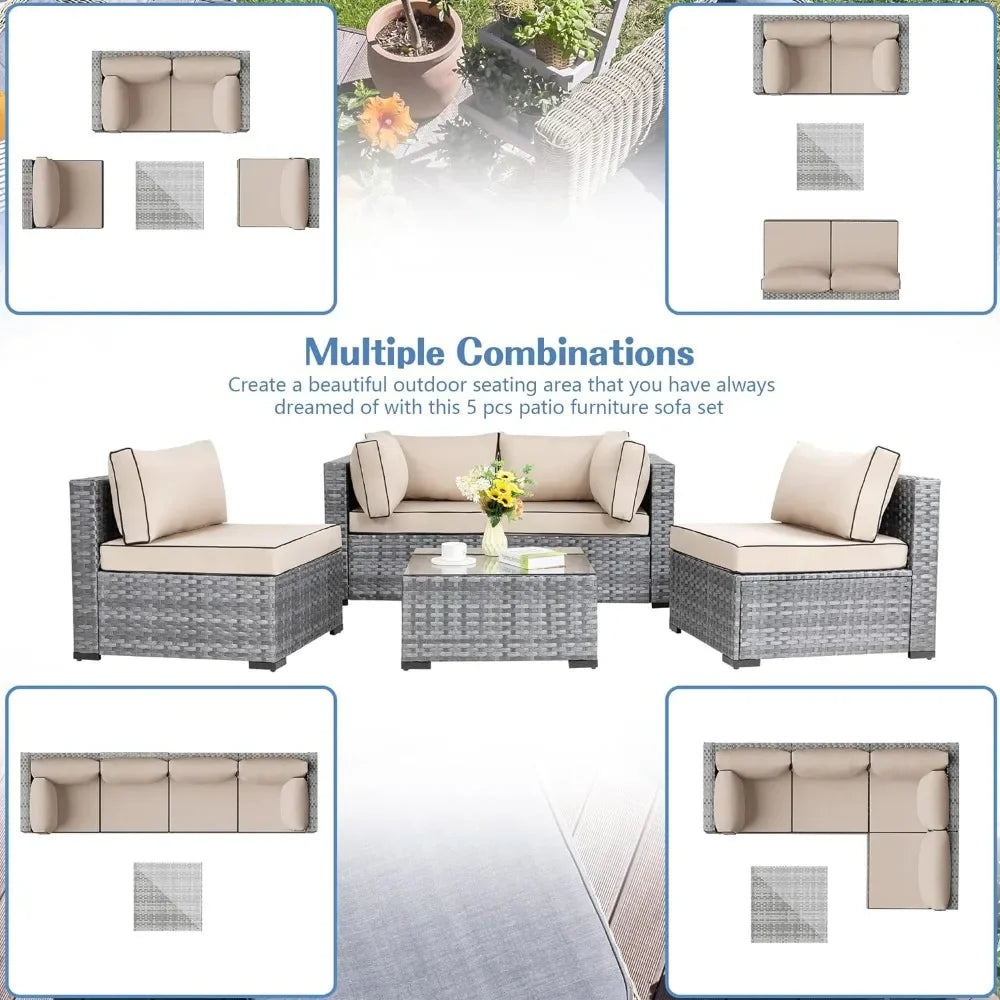 5 Pieces Outdoor Patio Sectional Sofa Couch, PE Wicker Furniture Conversation Sets with Washable Cushions & Glass Coffee Table