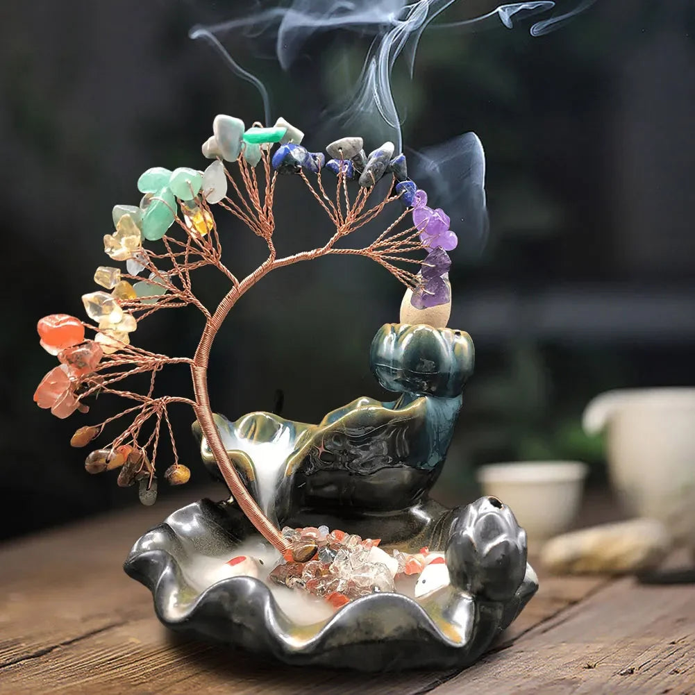 7 Chakra Tree Ceramic Incense Home Decor Healing Crystal Stone Money Tree Incense Burner House Warming Gift for Wealth Good Luck