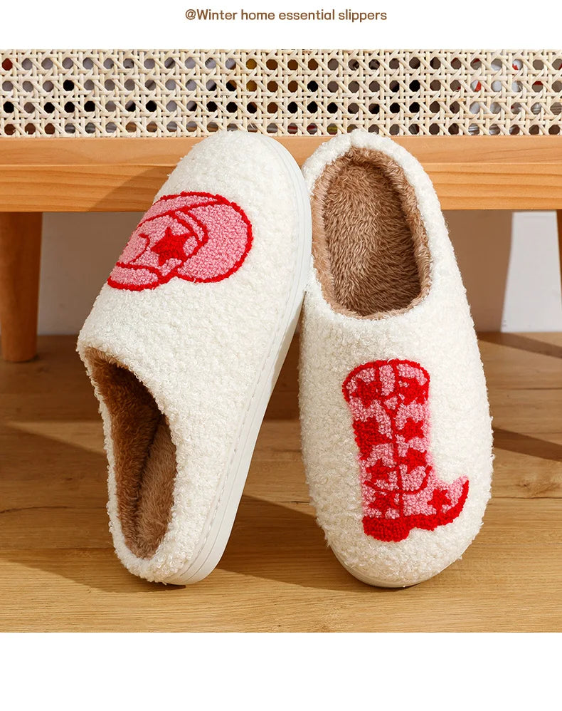 ASIFN Cute Boot Women's Slippers Cowgirl Hat Fluffy Cushion Slides Comfortable Cozy Comfy Smile Houseshoes Laides Winter Shoes