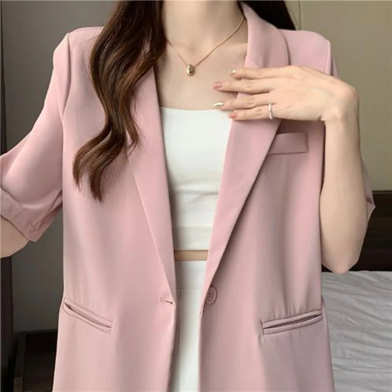 Thin Suit Jacket Women 2024 Summer Casual All Match Single Button Coat Woman Korean Style Loose Balck White Short Sleeve Jackets