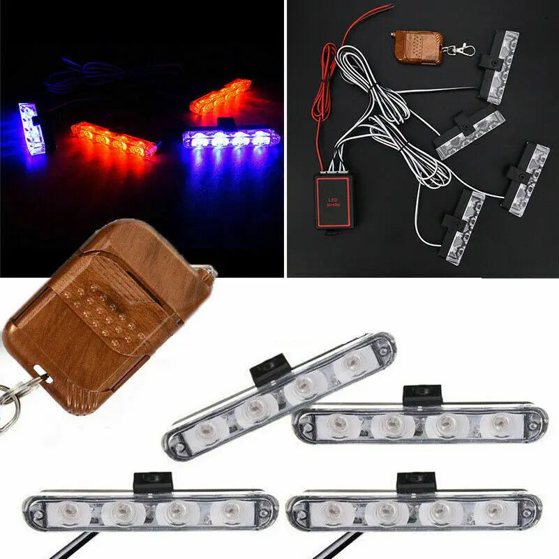 12V Red Blue Emergency Strobe Lights 4 LED Police Lamp With Wireless Remote Control Flash Grille Light for Cars Truck Van SUV